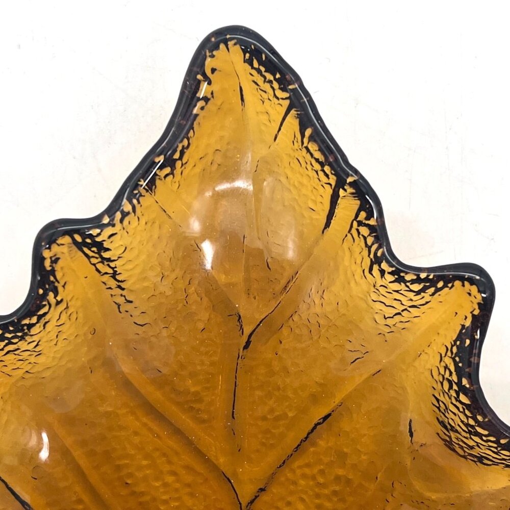 Amber Depression Glass Maple Leaf Shaped Candy Dish Bowl Ashtray Textured Finish - Picture 6 of 16